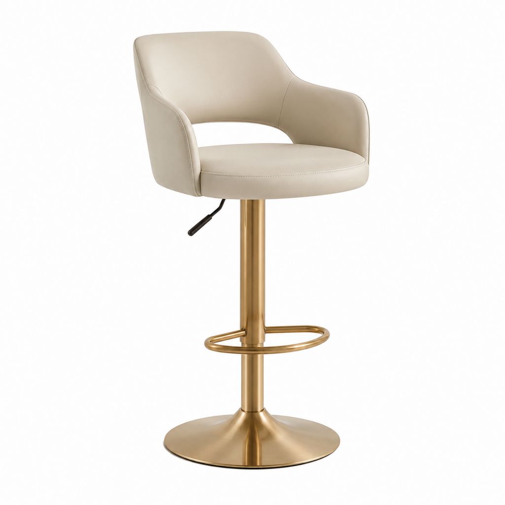 Sgabello da Bar Girevole Beige in Pelle PU con Base in Acciaio Dorato Altezza Regolabile 91-111 cm