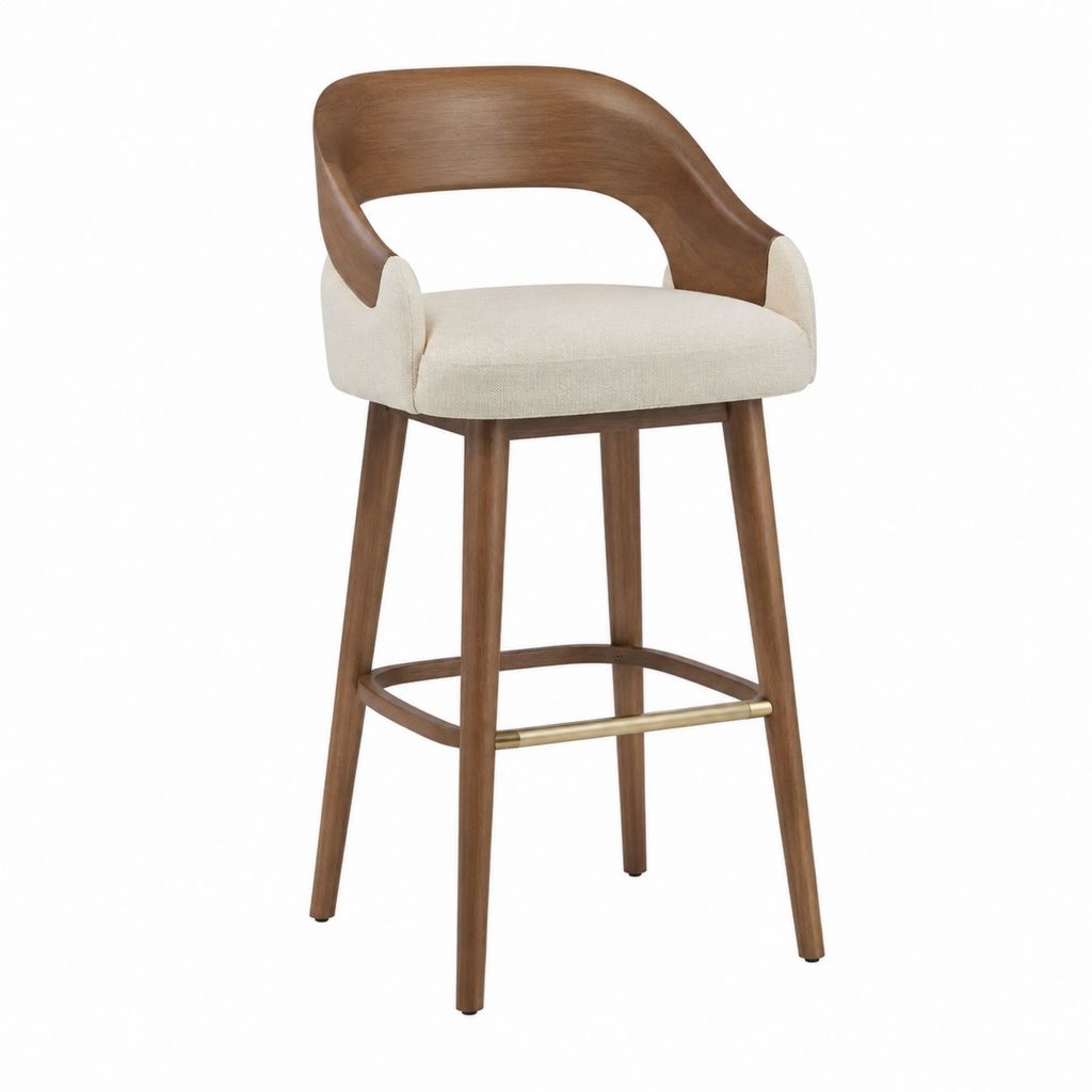 Sgabello da bar con schienale in legno massello di hevea noce e seduta imbottita beige 55 x 53 x 102 cm