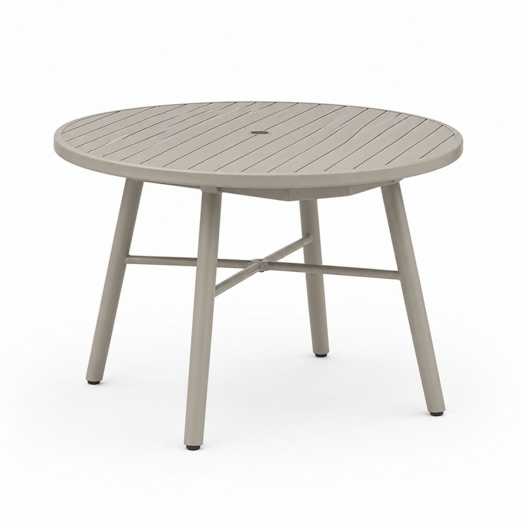 Tavolo da giardino rotondo tortora in alluminio Ø110 cm altezza 74 cm con foro per ombrellone