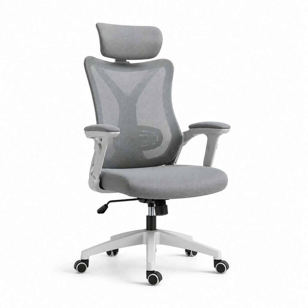 Sedia da ufficio ergonomica grigia in rete di poliestere con poggiatesta e ruote 65 x 65 x 117-127 cm