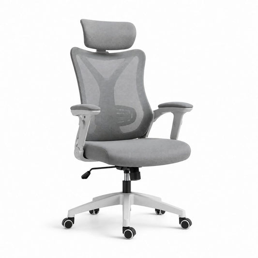 Sedia da ufficio ergonomica grigia in rete di poliestere con poggiatesta e ruote 65 x 65 x 117-127 cm