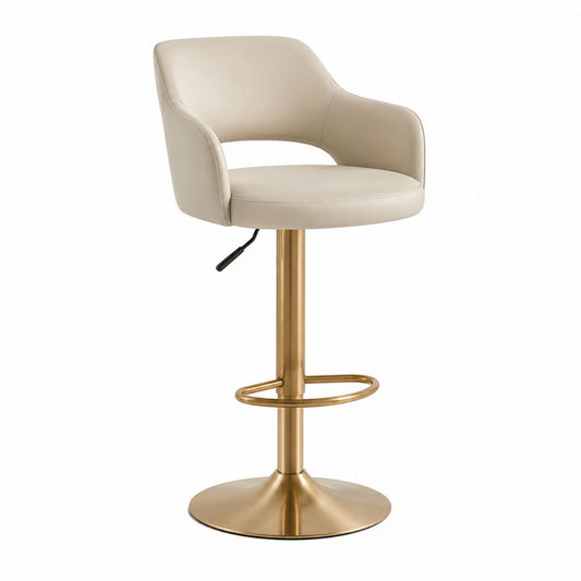 Sgabello da Bar Girevole Beige in Pelle PU con Base in Acciaio Dorato Altezza Regolabile 91-111 cm