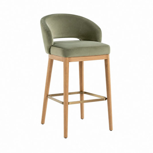 Sgabello da bar con schienale verde in velluto di poliestere e legno massello 54 x 55 x 100 cm