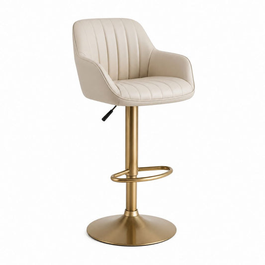 Sgabello da bar regolabile beige in pelle PU con base in acciaio dorato 50 x 55 x 93-114 cm