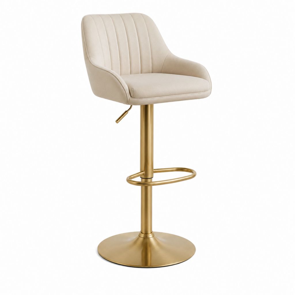 Sgabello da bar girevole regolabile beige in poliestere e acciaio con base rotonda 52 x 53 x 92-113 cm