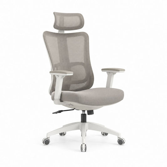 Sedia da ufficio ergonomica grigio chiaro in rete di poliestere con poggiatesta e braccioli regolabili 64 x 64 x 116-126 cm