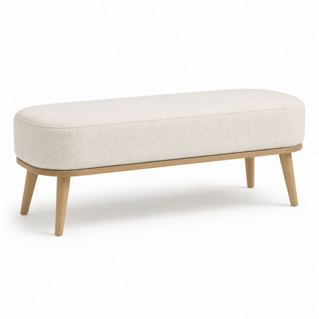 Panca fondoletto imbottita beige in poliestere bouclé con gambe in legno massello 120 x 45 x 45 cm