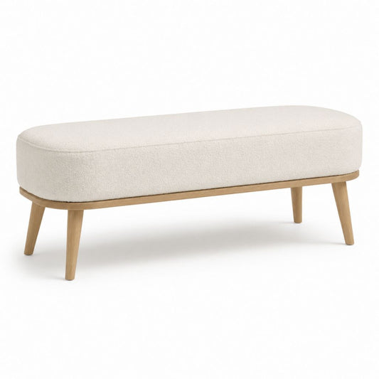 Panca fondoletto imbottita beige in poliestere bouclé con gambe in legno massello 120 x 45 x 45 cm