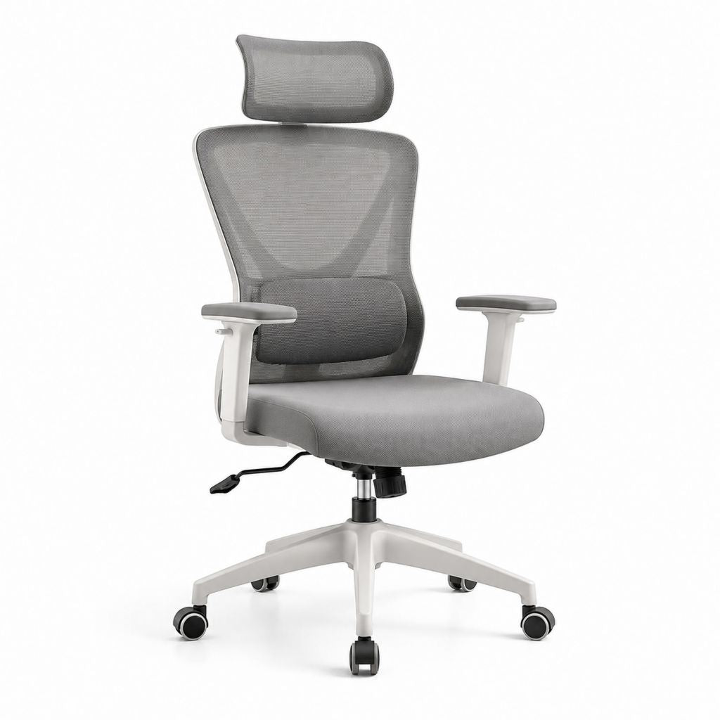 Sedia da ufficio ergonomica grigia in rete di poliestere con poggiatesta e braccioli 65 x 65 x 116-126 cm