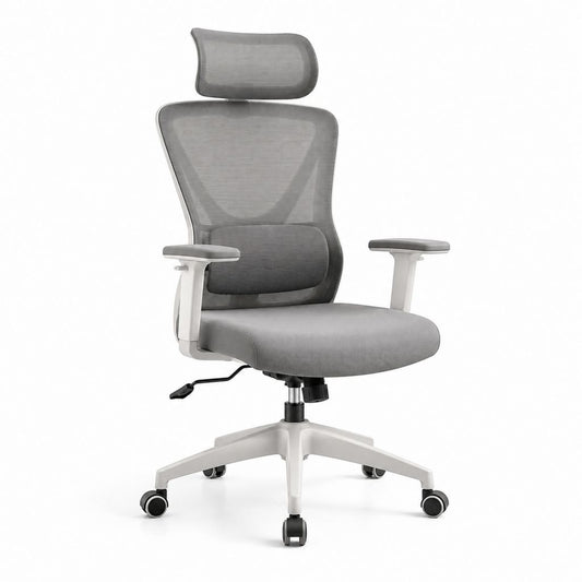 Sedia da ufficio ergonomica grigia in rete di poliestere con poggiatesta e braccioli 65 x 65 x 116-126 cm