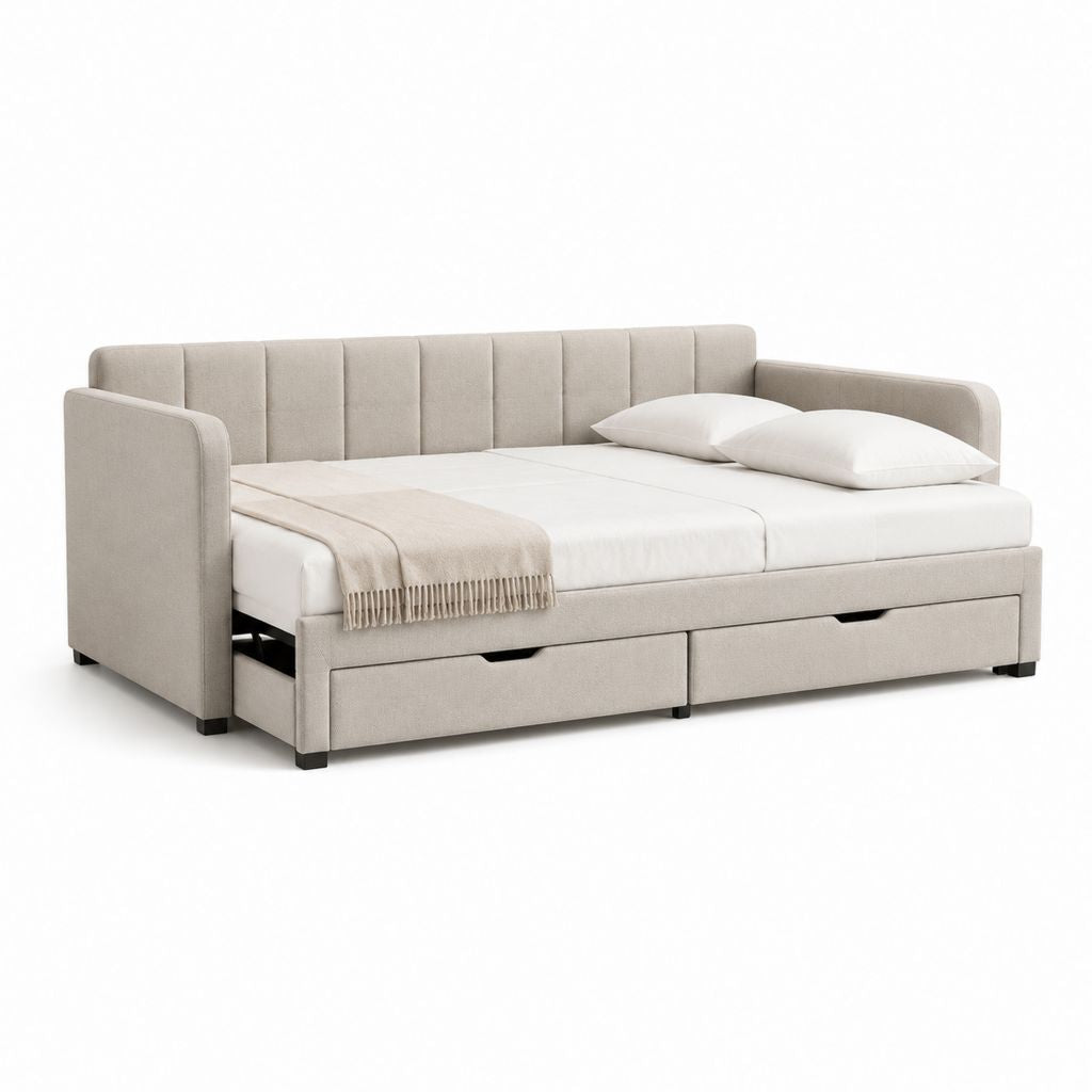 Divano letto estraibile beige in poliestere con 2 cassetti 218 x 100 x 90 cm