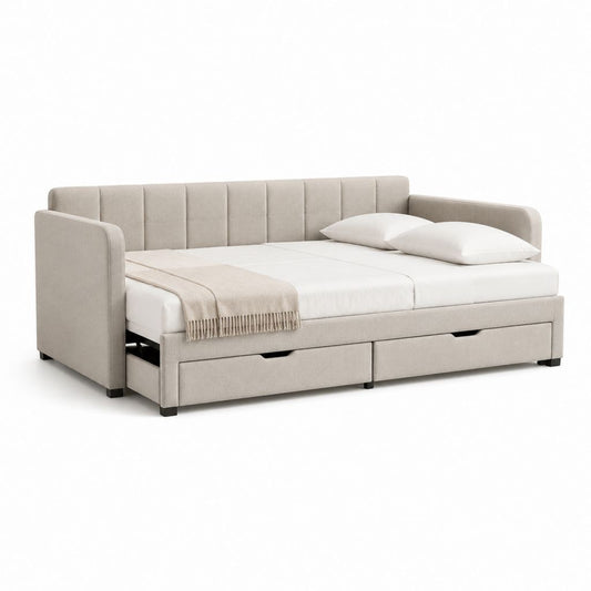Divano letto estraibile beige in poliestere con 2 cassetti 218 x 100 x 90 cm