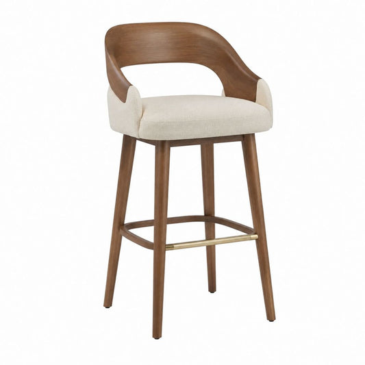 Sgabello da bar con schienale in legno massello di hevea noce e seduta imbottita beige 55 x 53 x 102 cm