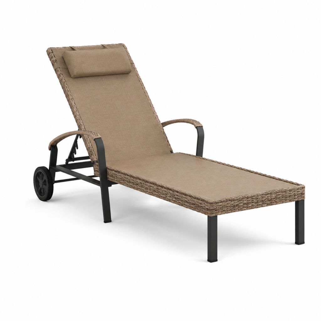 Lettino prendisole da giardino reclinabile beige in rattan PE e acciaio 200 x 65 x 39 cm con ruote