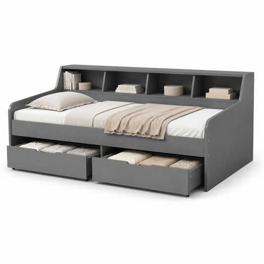Letto singolo con cassetti e mensole grigio rettangolare in truciolare nobilitato 203 x 100 x 102 cm