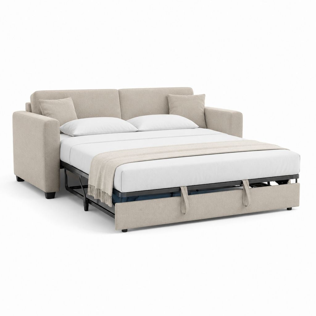 Divano letto estraibile beige in poliestere con struttura in acciaio 220 x 95 x 88 cm letto 140 x 190 cm