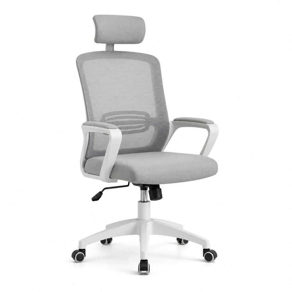 Sedia da ufficio ergonomica grigio chiaro in rete di poliestere con poggiatesta e ruote 64 x 64 x 118-128 cm