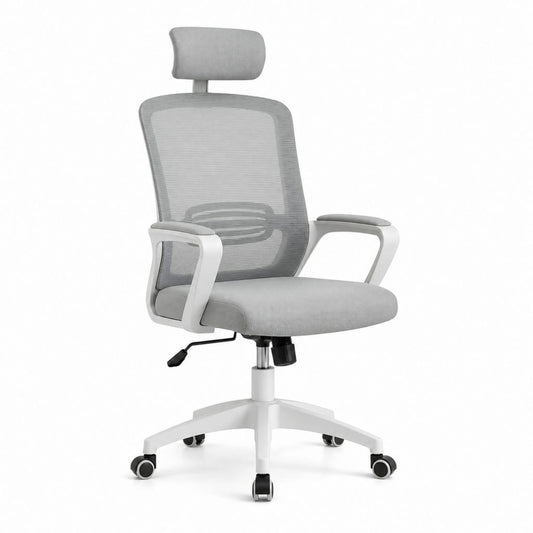 Sedia da ufficio ergonomica grigio chiaro in rete di poliestere con poggiatesta e ruote 64 x 64 x 118-128 cm