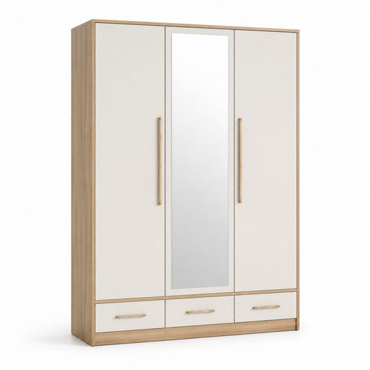 Armadio 3 ante con specchio e 3 cassetti bianco rovere rettangolare 120 x 52 x 200 cm